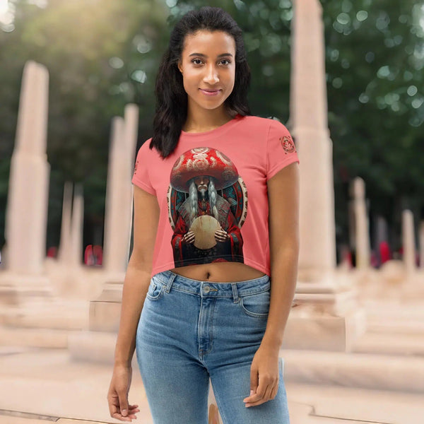 "Vibrant Amanita cropped t-shirt echoing Yakut spirituality"